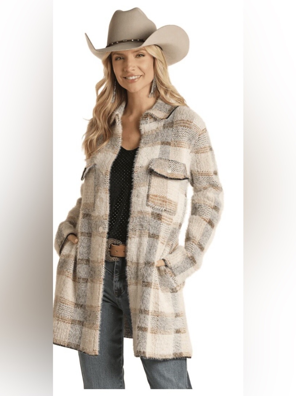 Rock & Roll Cowgirl Cream Plaid Sweater Coat Small Western Duster